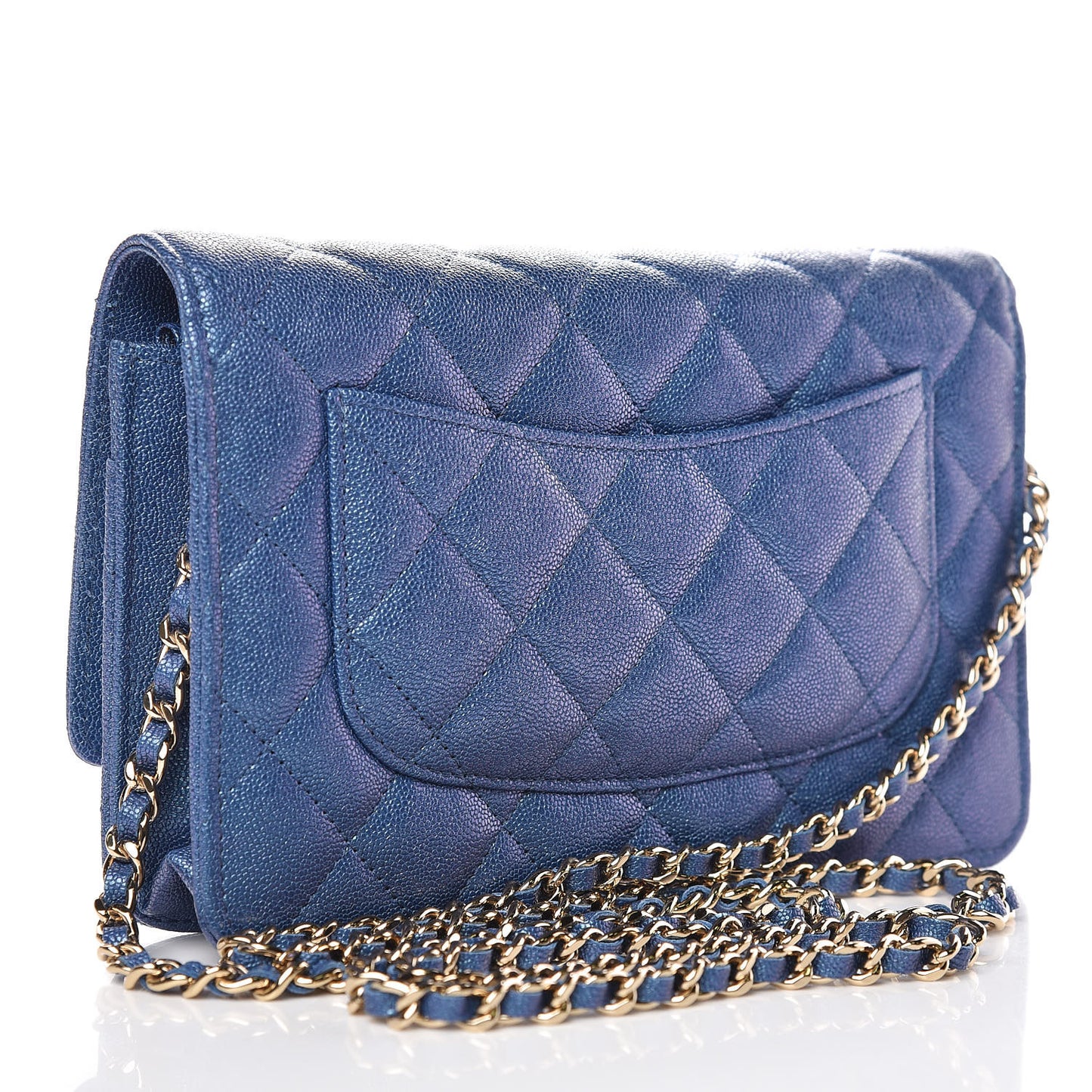 Iridescent Caviar Quilted Wallet On Chain WOC Dark Blue