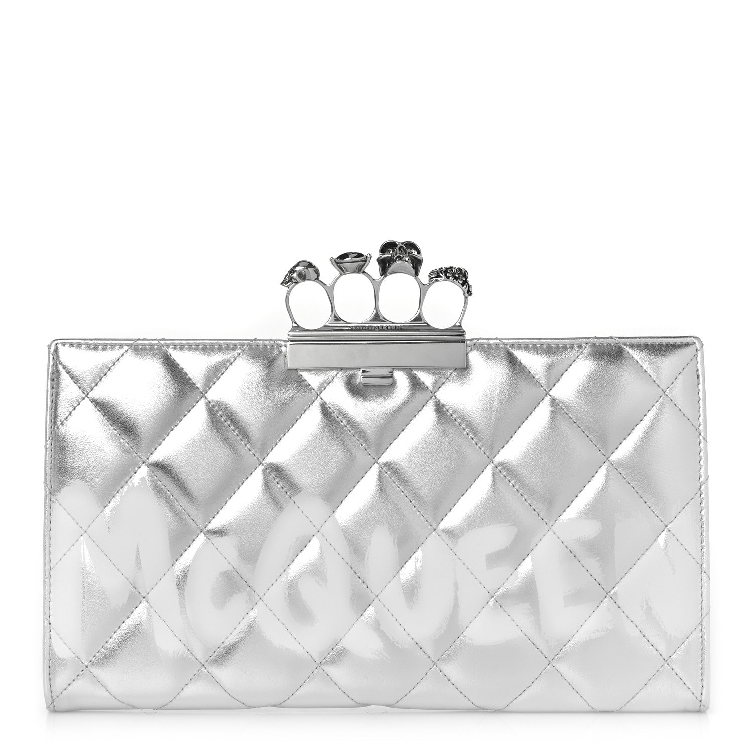 Alexander McQueen Metallic Calfskin Quilted Four Ring Knuckle Flat Clutch Silver 1 of 10