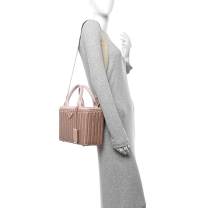 Prada Wicker Canvas Shoulder Bag Pesca 2 of 11