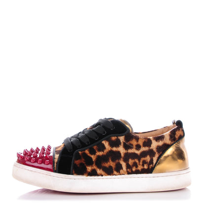 Christian Louboutin Canvas Leopard Print Louis Junior Spikes Flat Sneakers 36 Red 1 of 9