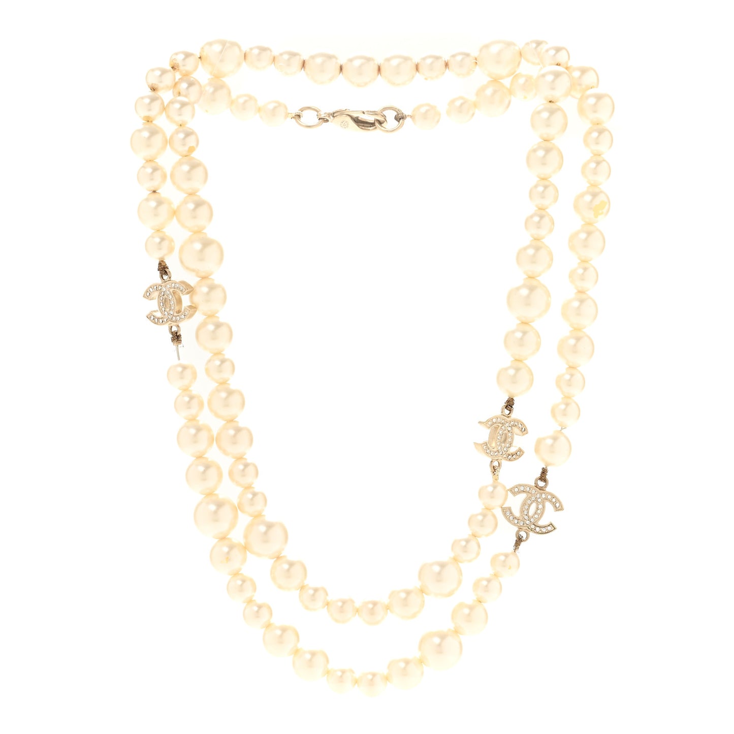 Graduated Pearl Crystal CC Long Necklace Light Gold
