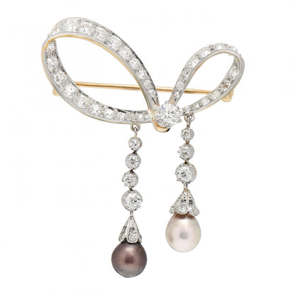 Tiffany 18K Yellow Gold Platinum Diamond Natural Saltwater Pearl Belle Epoque Bow Brooch 1 of 6