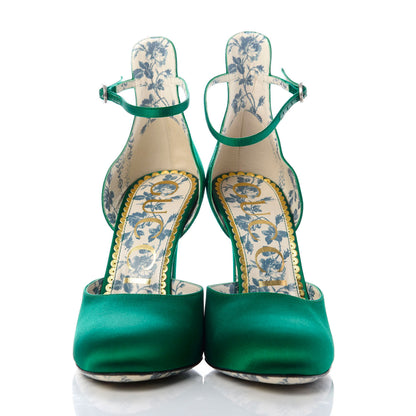 Gucci Satin Daisy Ankle Strap d'Orsay 105 Pumps 38 Emerald Green 2 of 9
