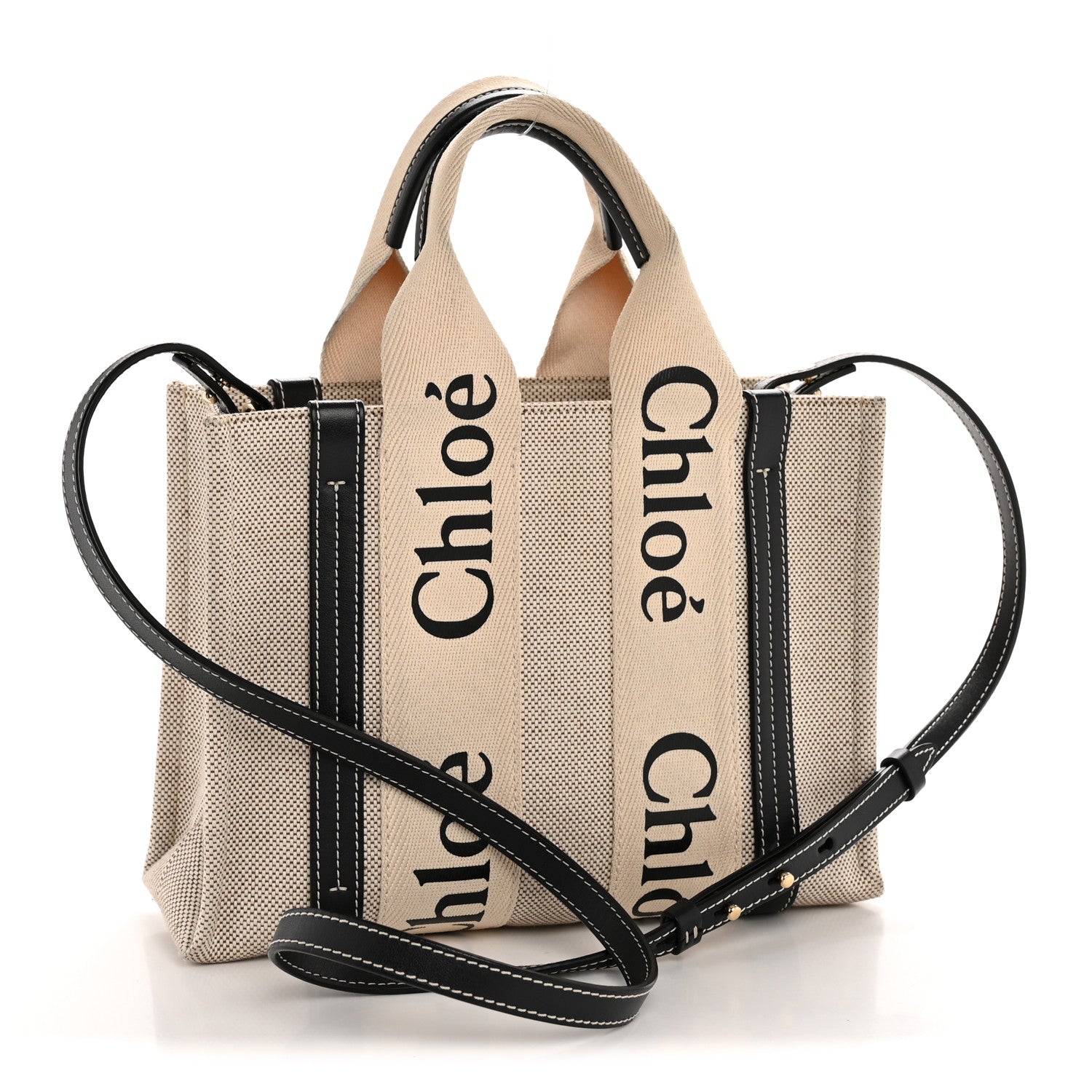 Chloe Cotton Calfskin Small Woody Ribbon Tote With Strap White Navy 3 of 12