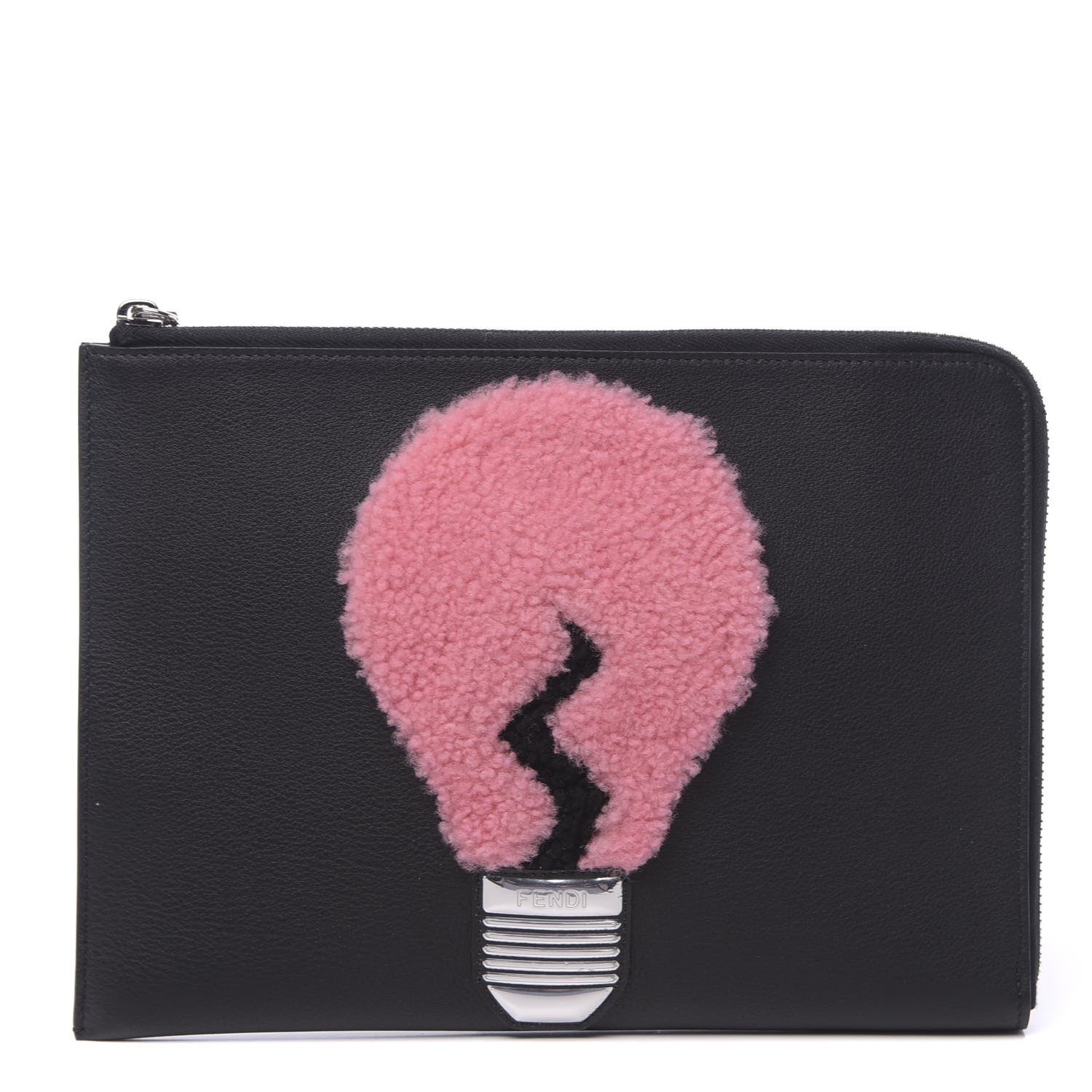 Fendi Vitello Dolce Shearling Lightbulb Zip Around Pouch Black Bubblegum 1 of 8