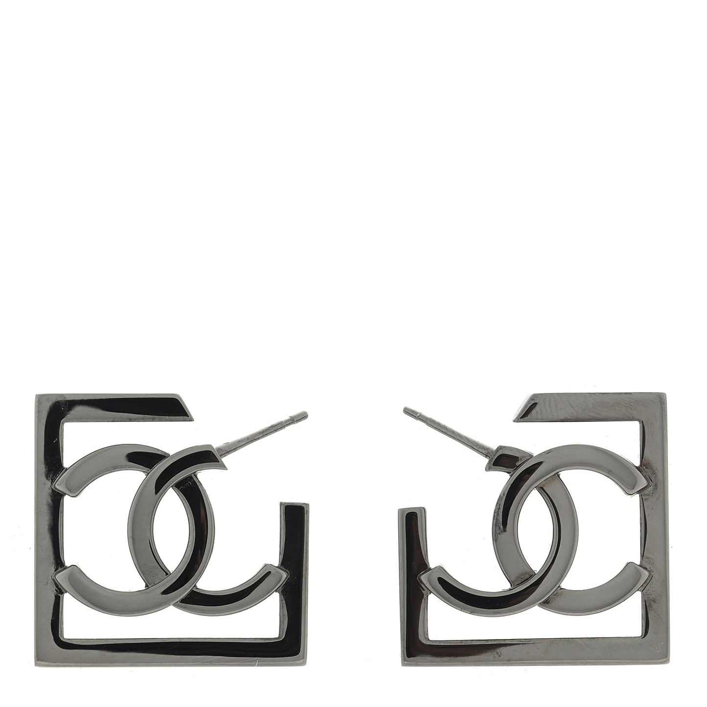 Metal Square Cutout CC Hoop Earrings Ruthenium