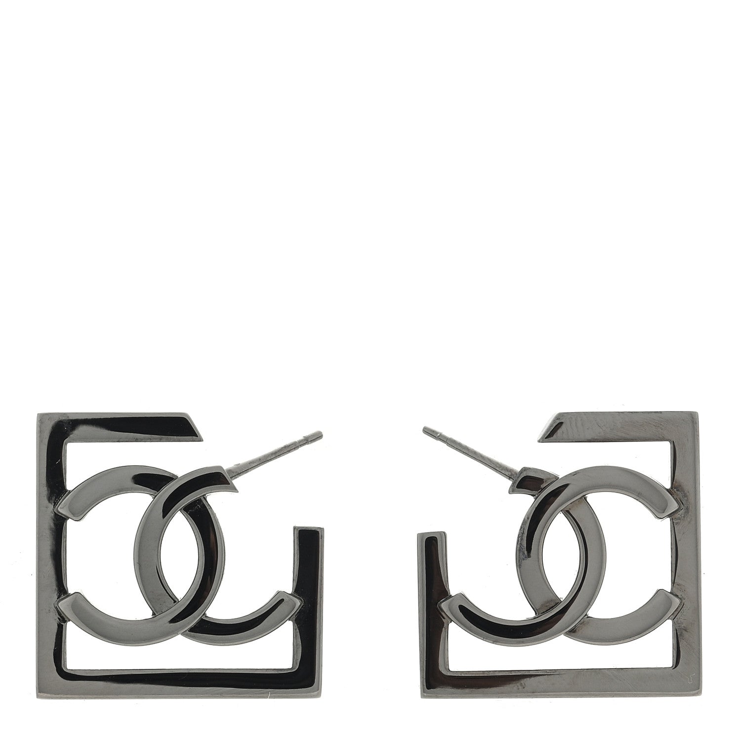 Chanel Metal Square Cutout CC Hoop Earrings Ruthenium 1 of 4