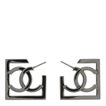 Chanel Metal Square Cutout CC Hoop Earrings Ruthenium 1 of 4