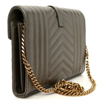 Saint Laurent Metallic Grain De Poudre Mixed Matelasse Triquilt Monogram Chain Wallet Piombo 3 of 9