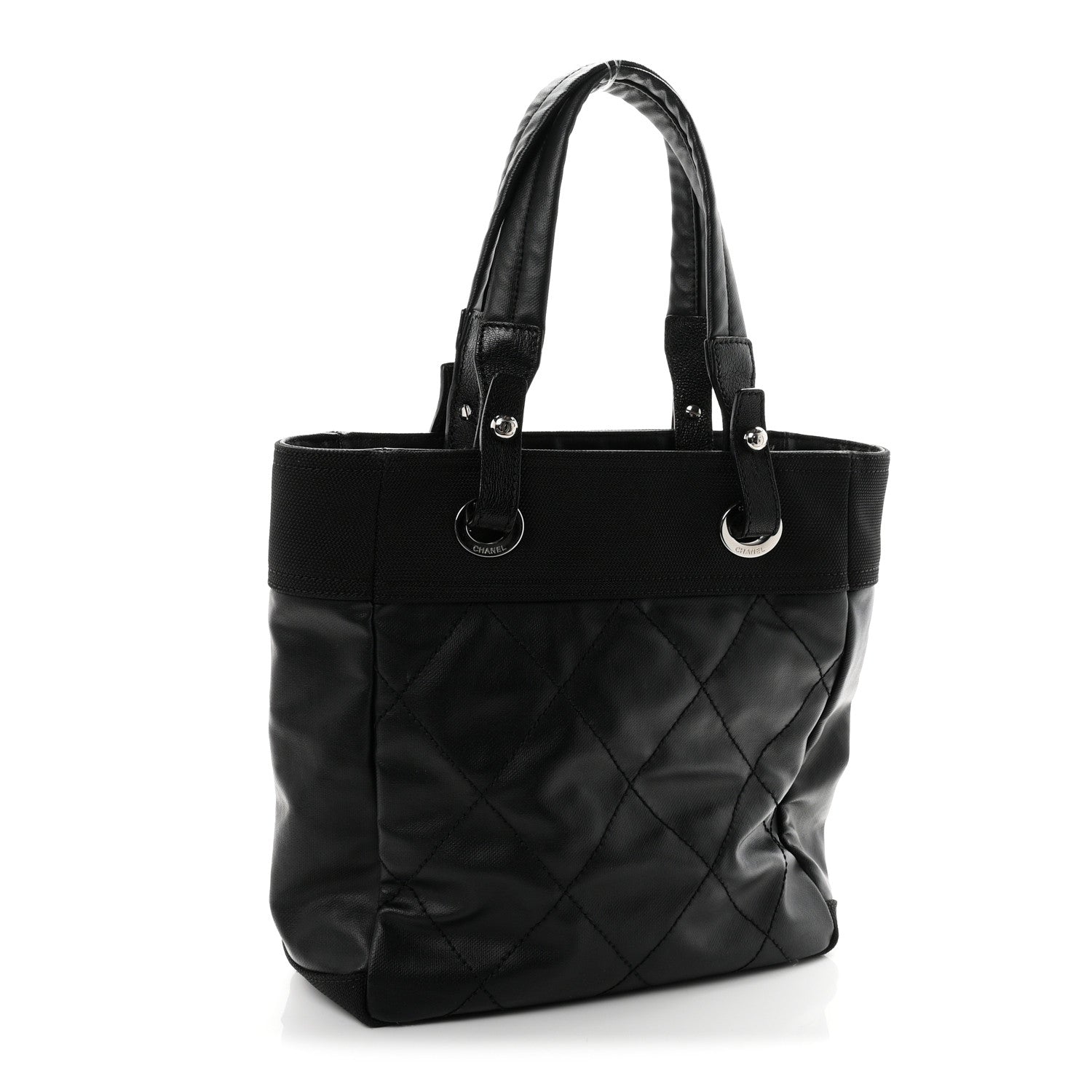 Chanel Coated Canvas Quilted Small Paris Biarritz Tote Black 3 of 10
