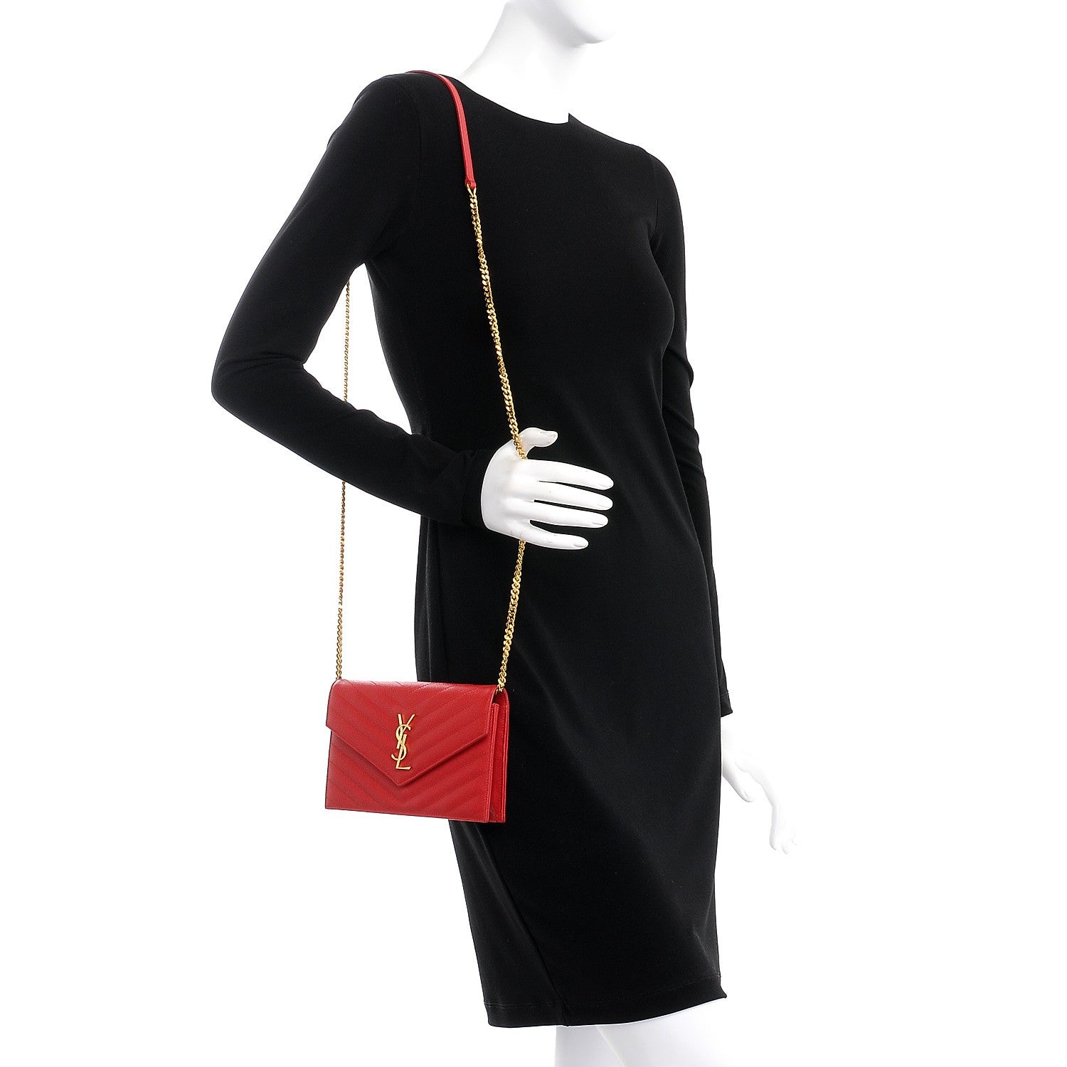 Saint Laurent Grain De Poudre Matelasse Chevron Monogram Envelope Chain Wallet New Red 2 of 7