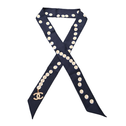 Chanel Silk Pearl CC Slim Bandeau Scarf Dark Navy 1 of 3