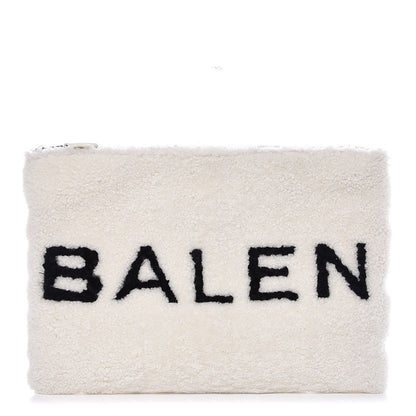 Balenciaga Sheepskin Shearling Contrasted Logo Large Zip Pouch White Black 1 of 7