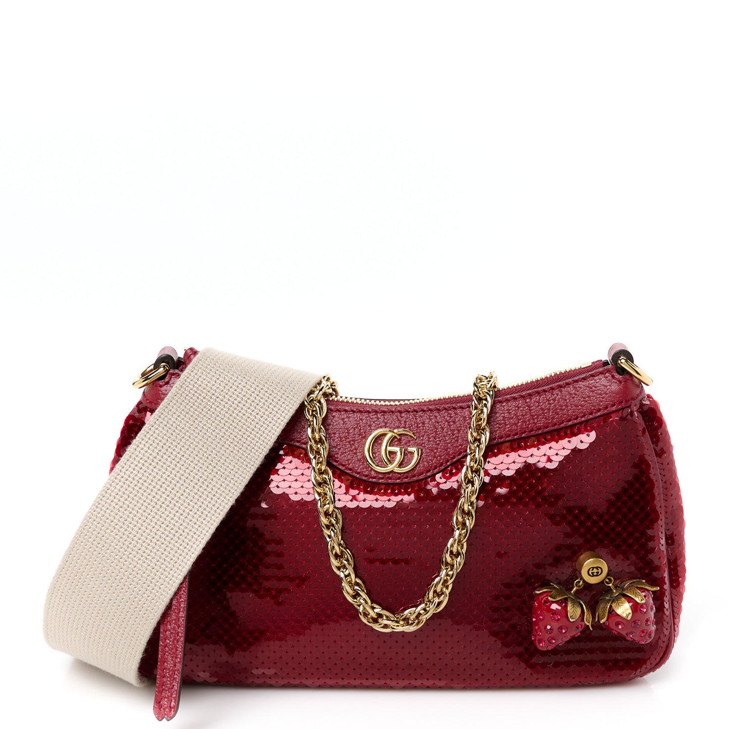 Sequin Textured Dollar Calfskin Strawberry Small Ophidia GG Handbag Red
