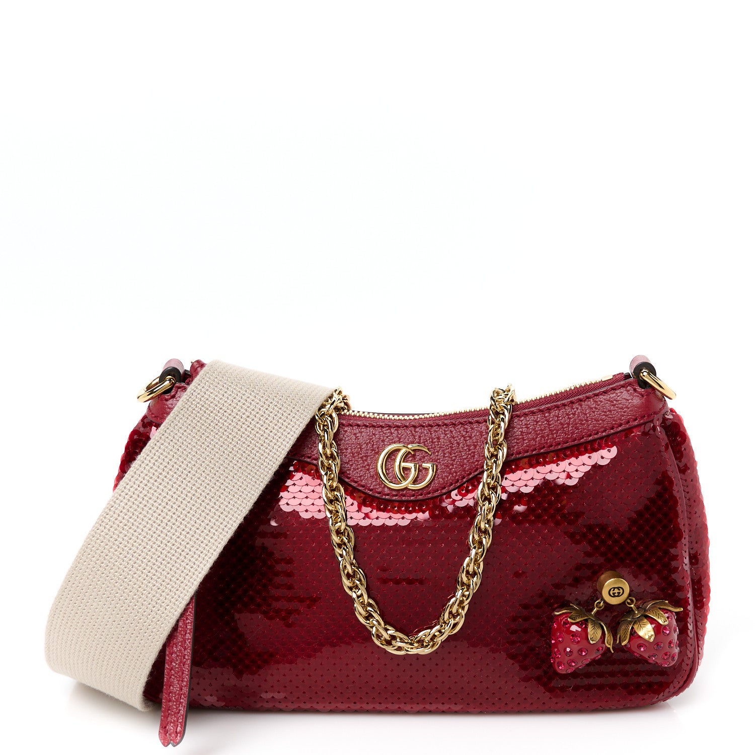 Gucci Sequin Textured Dollar Calfskin Strawberry Small Ophidia GG Handbag Red 1 of 10
