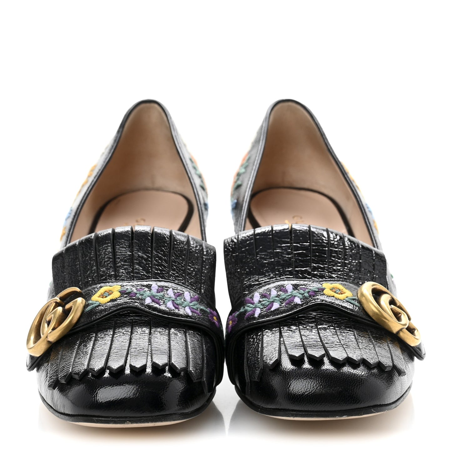 Skipper Calfskin Floral Embroidered GG Marmont Fringe 50mm Loafer Pumps 40 Black