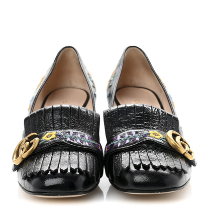 Gucci Skipper Calfskin Floral Embroidered GG Marmont Fringe 50mm Loafer Pumps 40 Black 3 of 11