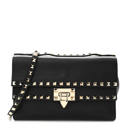 Valentino Garavani Pebbled Calfskin Rockstud Double Flap Crossbody Bag Black 1 of 9