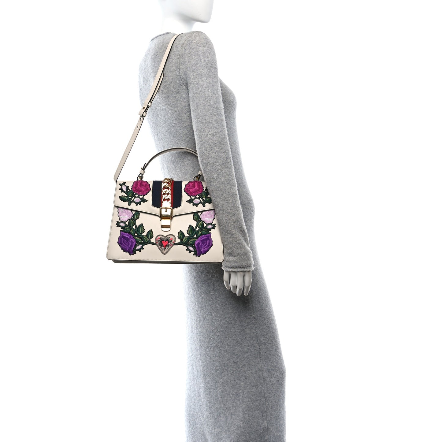 Calfskin Embroidered Medium Sylvie Top Handle Bag White