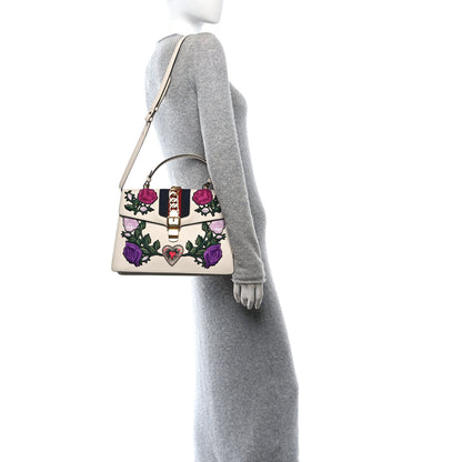 Gucci Calfskin Embroidered Medium Sylvie Top Handle Bag White 2 of 10
