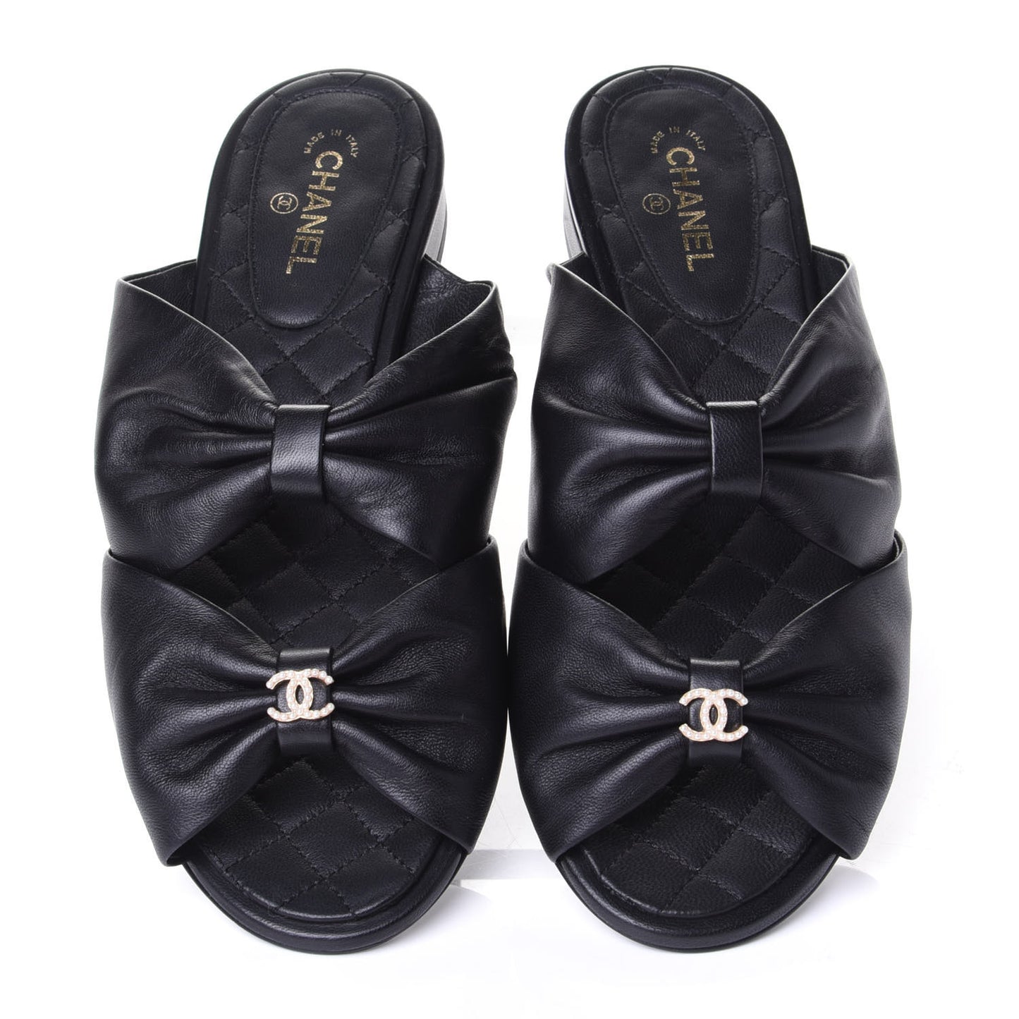 Lambskin Pearl Bow CC Flat Sandals 37.5 Black