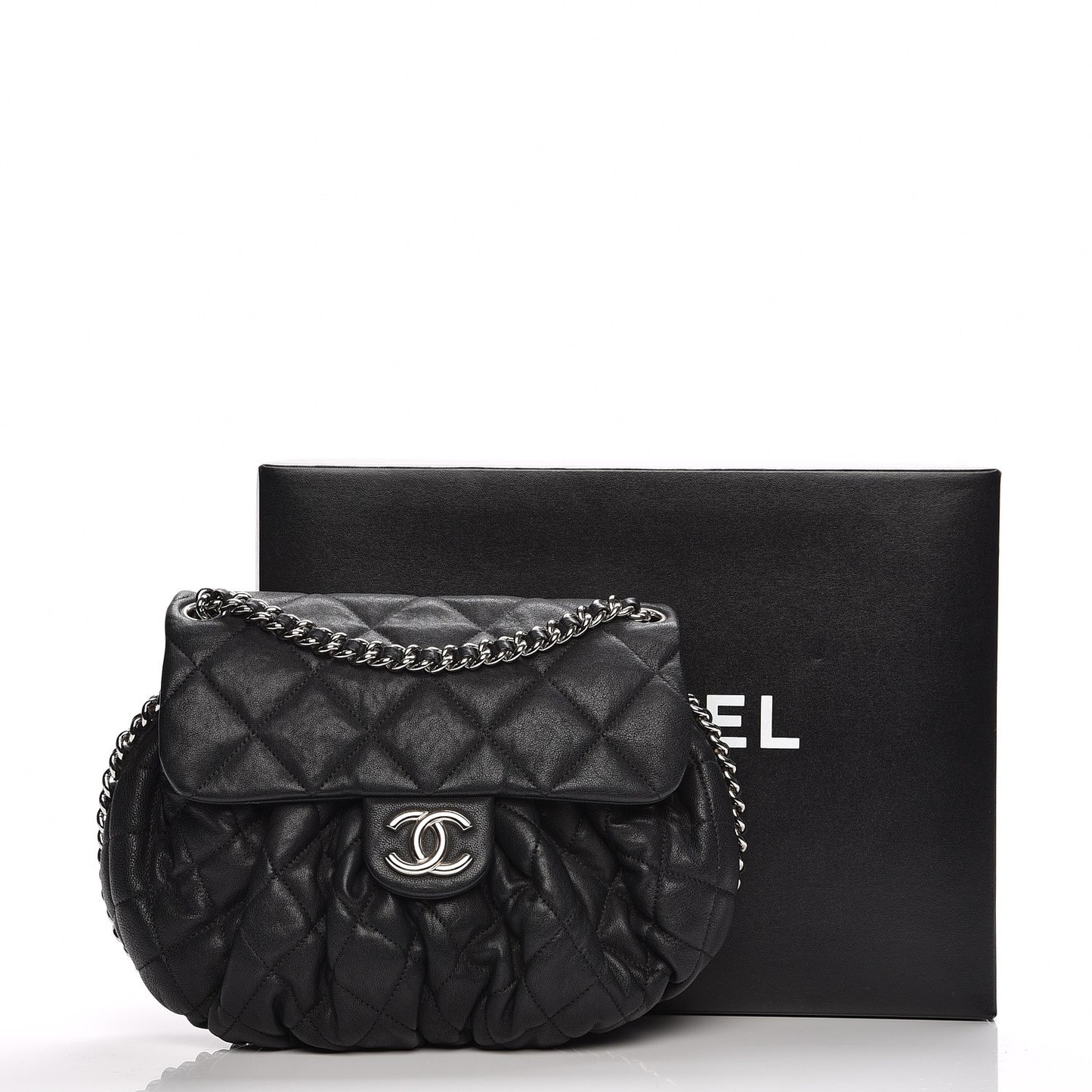 Washed Lambskin Quilted Medium Chain Around Messenger Black
