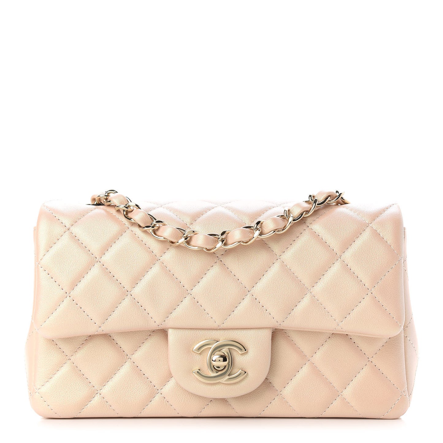 Iridescent Calfskin Quilted Mini Rectangular Flap Beige
