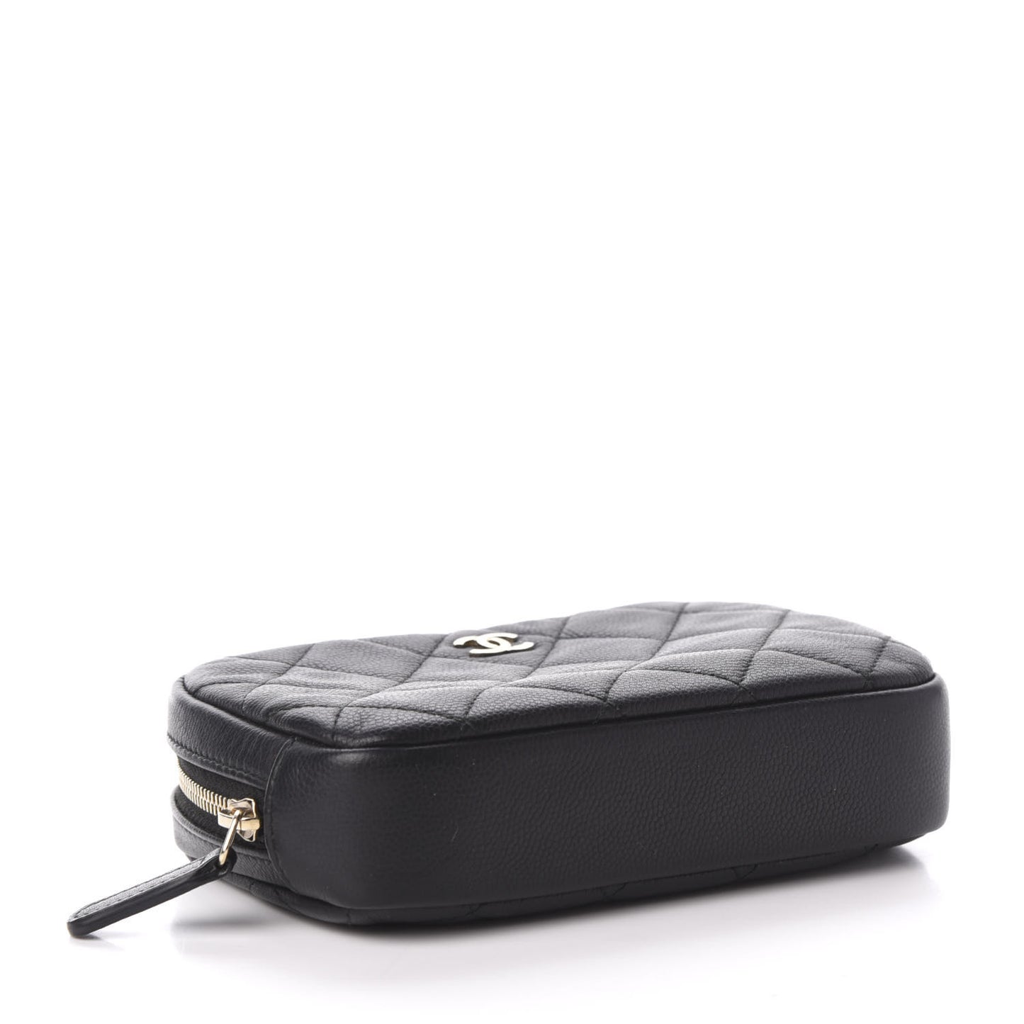Grained Calfskin Quilted Small Curvy Pouch Cosmetic Case Black