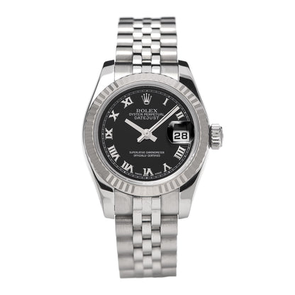Rolex Stainless Steel 18K White Gold 26mm Oyster Perpetual Datejust Watch Black Roman 179174 1 of 6