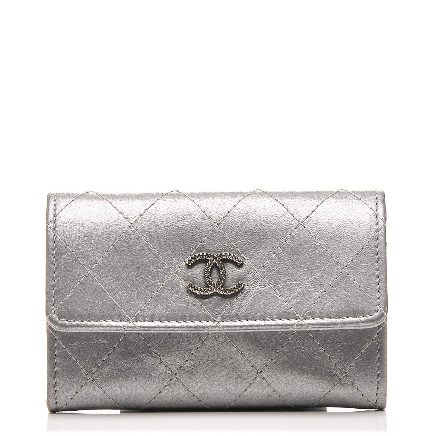 Metallic Calfskin Quilted Palette Card Holder Silver