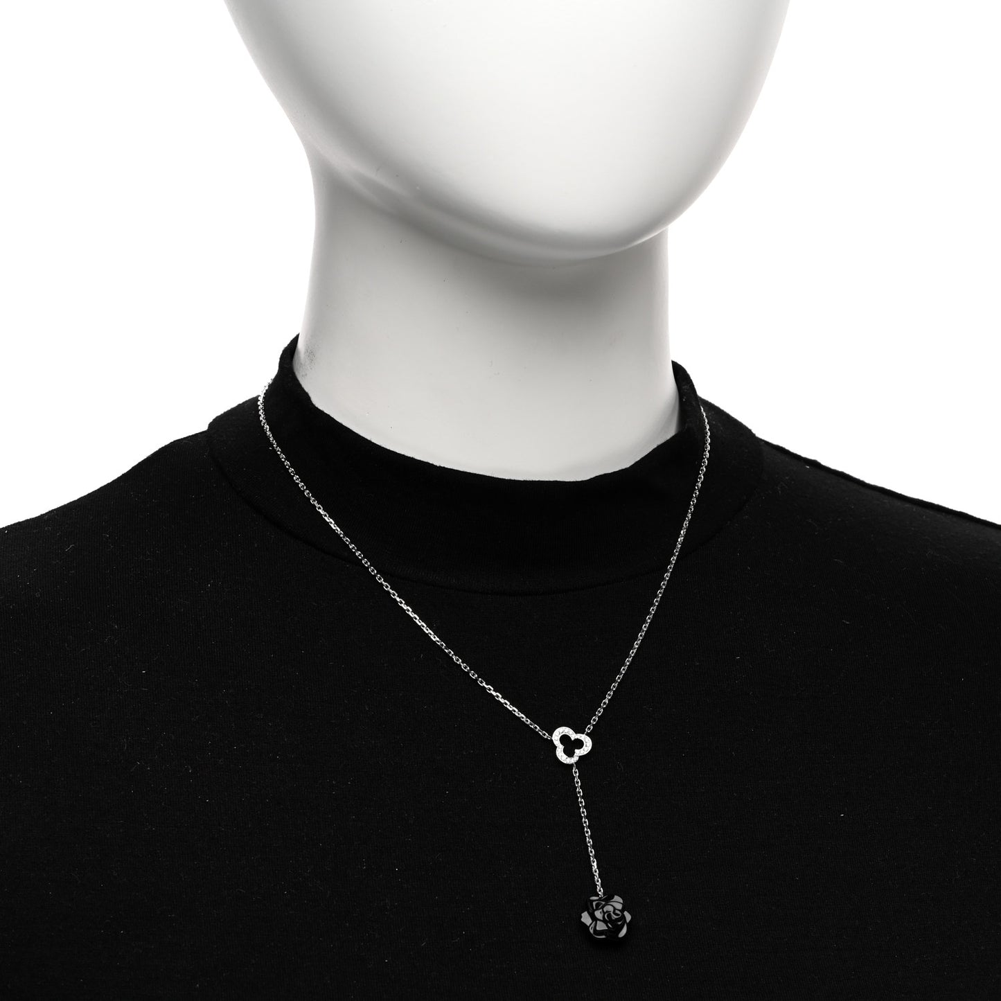 18K White Gold Diamond Black Onyx Camelia Sculpte Drop Pendant Necklace