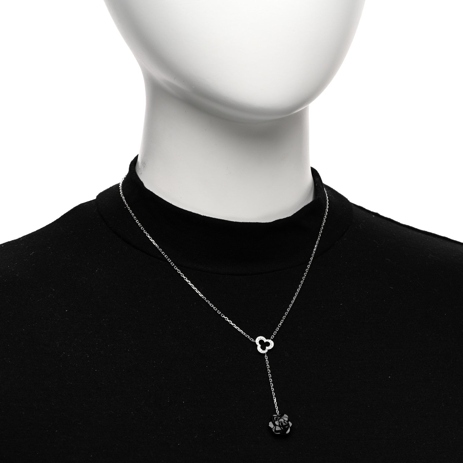Chanel 18K White Gold Diamond Black Onyx Camelia Sculpte Drop Pendant Necklace 2 of 5