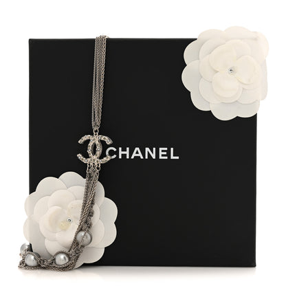 Chanel Crystal Pearl Multi Strand Chain CC Long Necklace  Silver 5 of 5