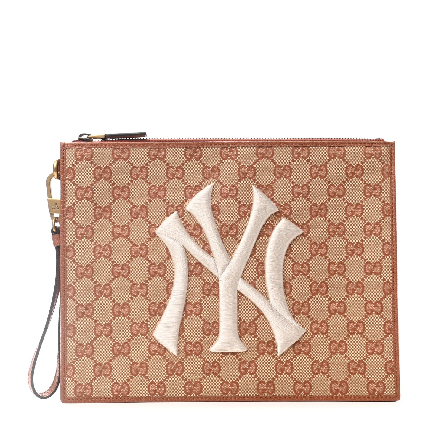 X MLB GG Monogram NY Yankees Zip Wristlet Pouch Beige Ruggine Ivory