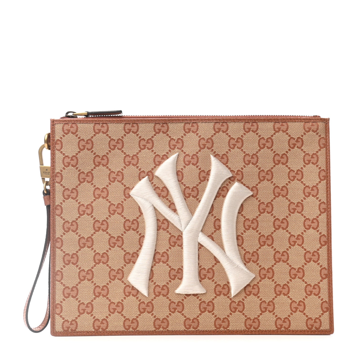 Gucci X MLB GG Monogram NY Yankees Zip Wristlet Pouch Beige Ruggine Ivory 1 of 8