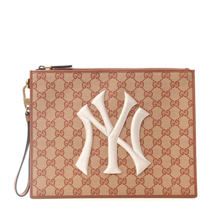 Gucci X MLB GG Monogram NY Yankees Zip Wristlet Pouch Beige Ruggine Ivory 1 of 8