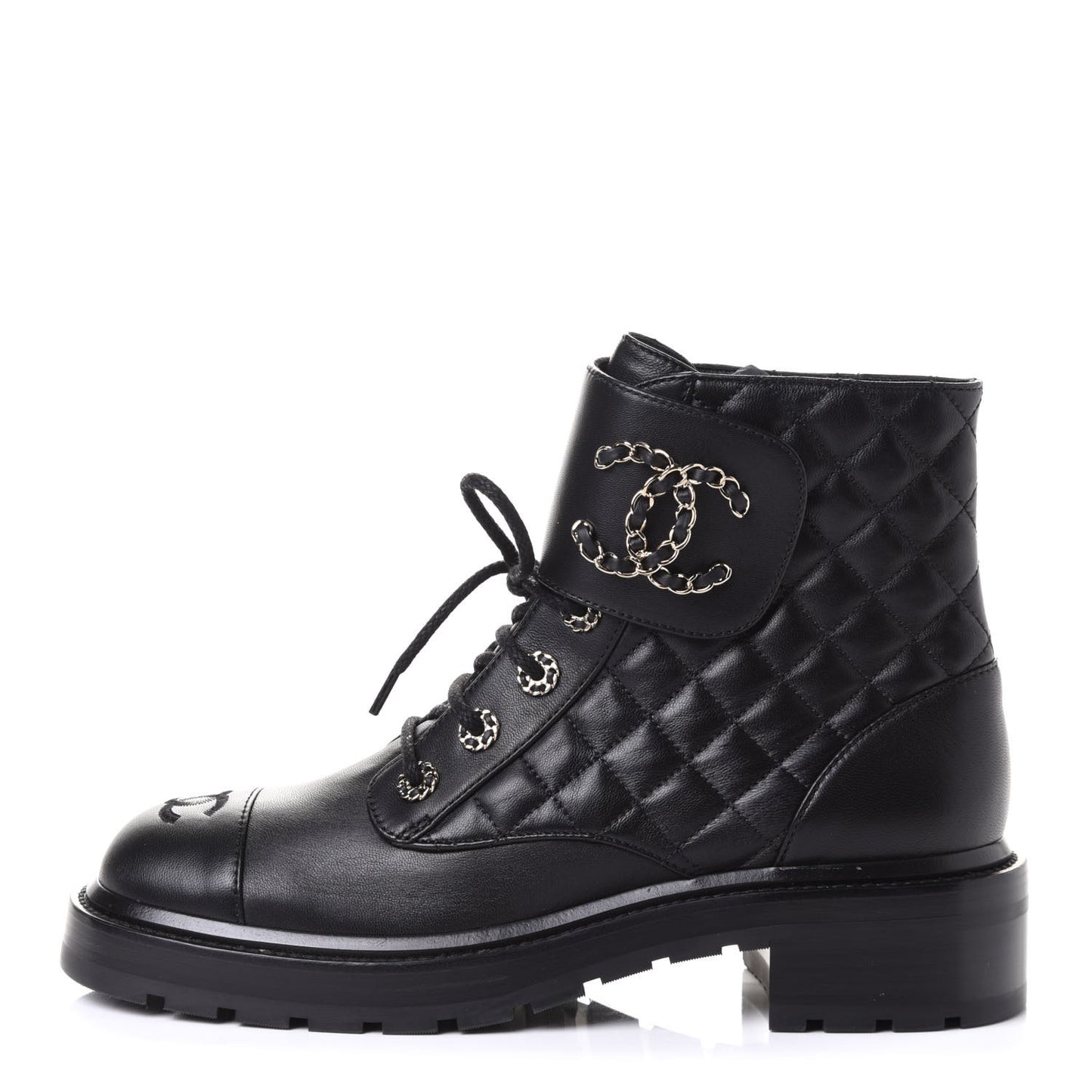 Shiny Lambskin Quilted Lace Up Combat Boots 40 Black