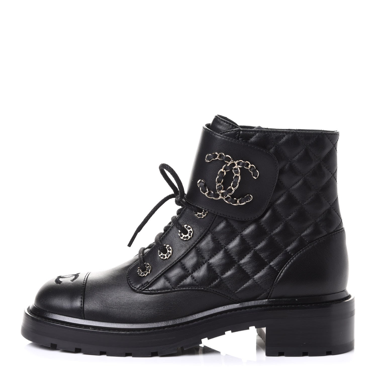 Chanel Shiny Lambskin Quilted Lace Up Combat Boots 40 Black 1 of 11