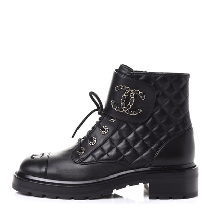 Chanel Shiny Lambskin Quilted Lace Up Combat Boots 40 Black 1 of 11