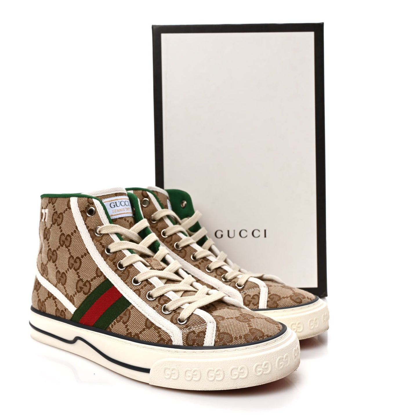 GG Monogram Web Womens 1977 Tennis High Top Sneakers 38.5 Beige Ebony Mystic White