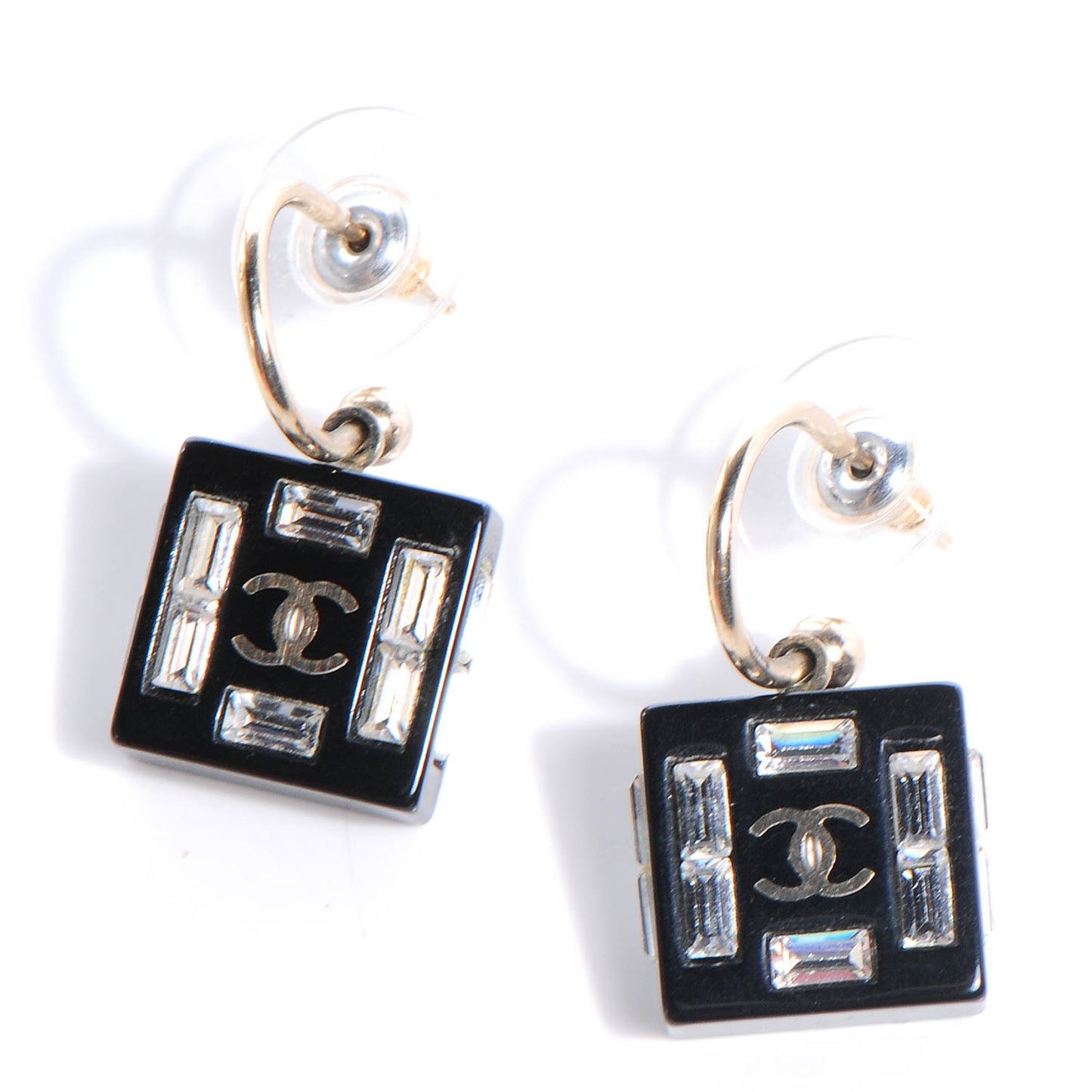 Resin Baguette Crystal Geometric Square CC Earrings Black