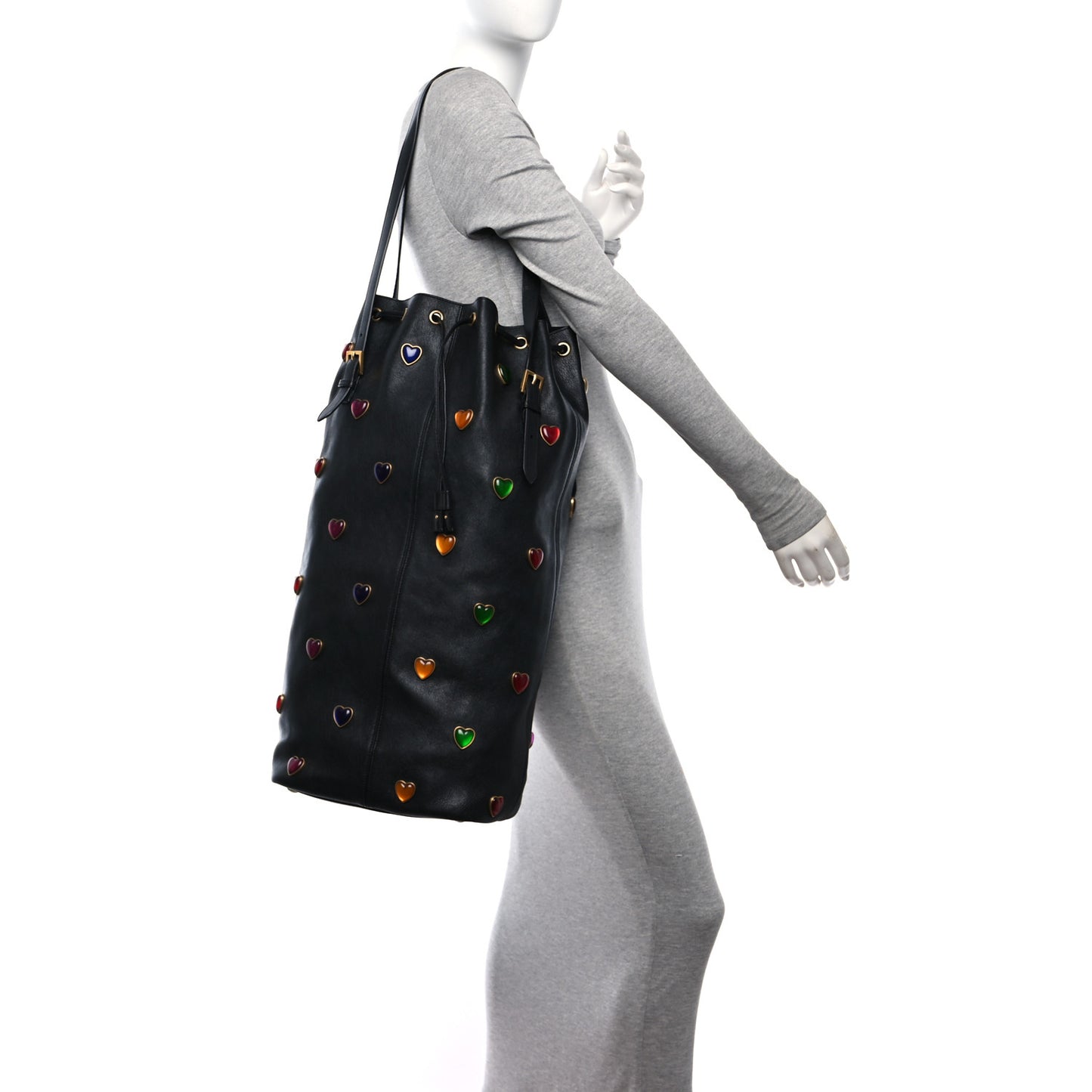 Lambskin Medium Heart Studded Riva Bucket Bag Black