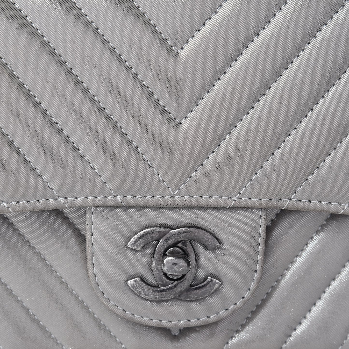 Iridescent Calfskin Chevron Quilted Mini Square Flap Silver