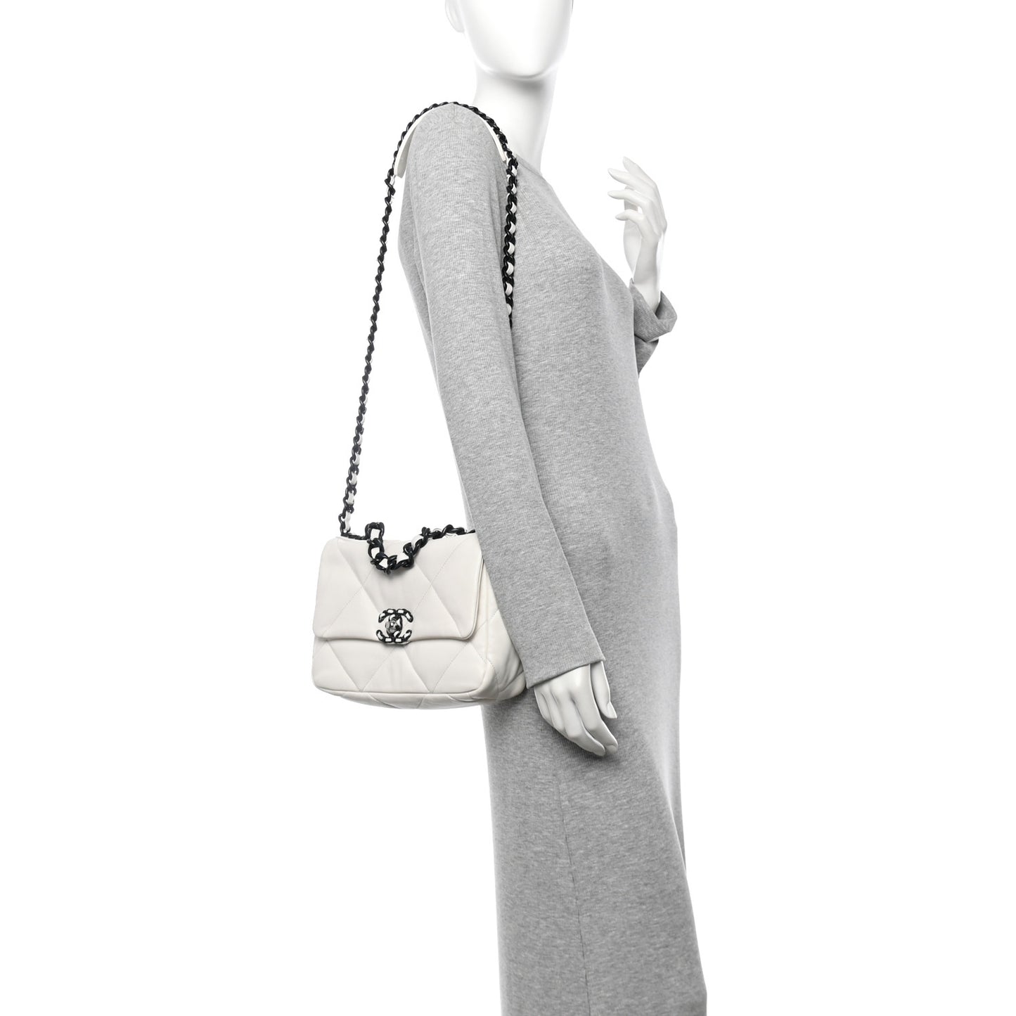 Glossy Calfskin Quilted Medium Chanel 19 Flap White Black