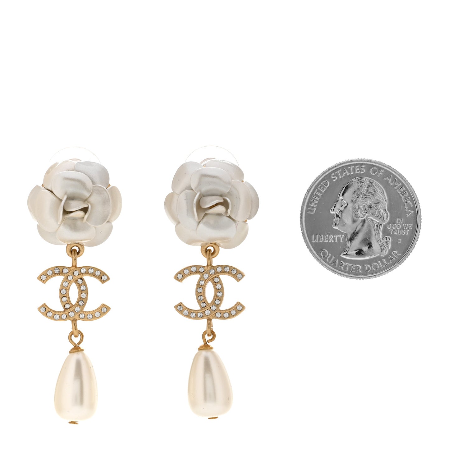 Metal Crystal Pearl 90s Camellia CC Drop Earrings Gold