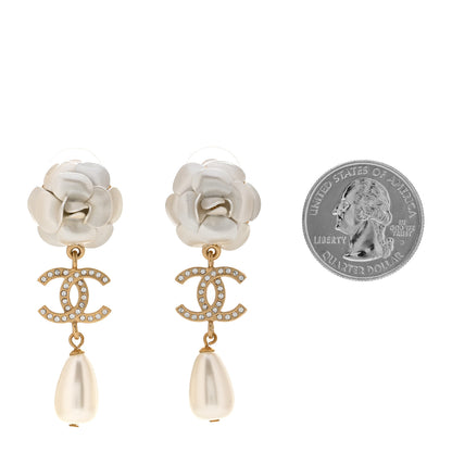 Chanel Metal Crystal Pearl 90s Camellia CC Drop Earrings Gold 2 of 5