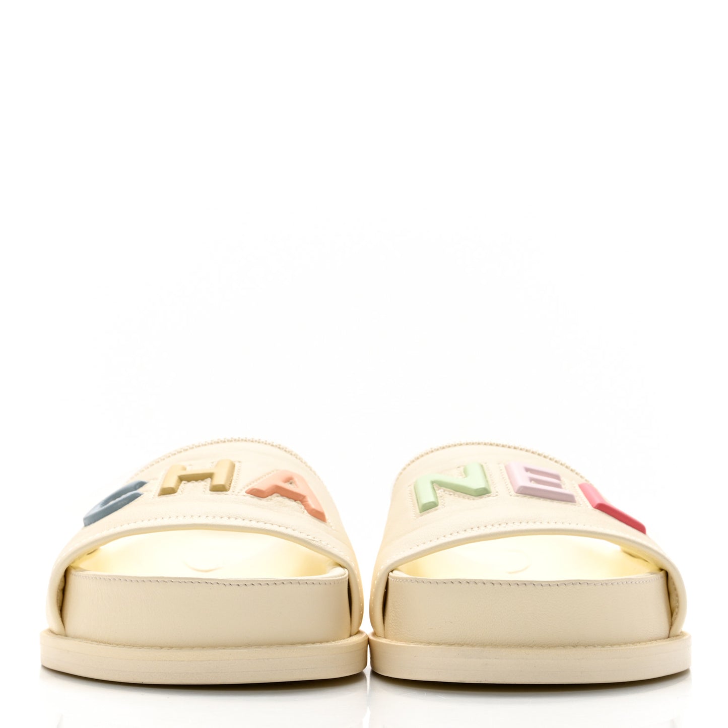 Lambskin Cha-Nel Mule Sandals 39.5 Ivory Multicolor