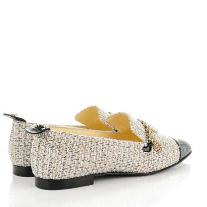 Chanel Tweed Patent Cap Toe Charm Loafers 39.5 Ecru Black Gold 4 of 11
