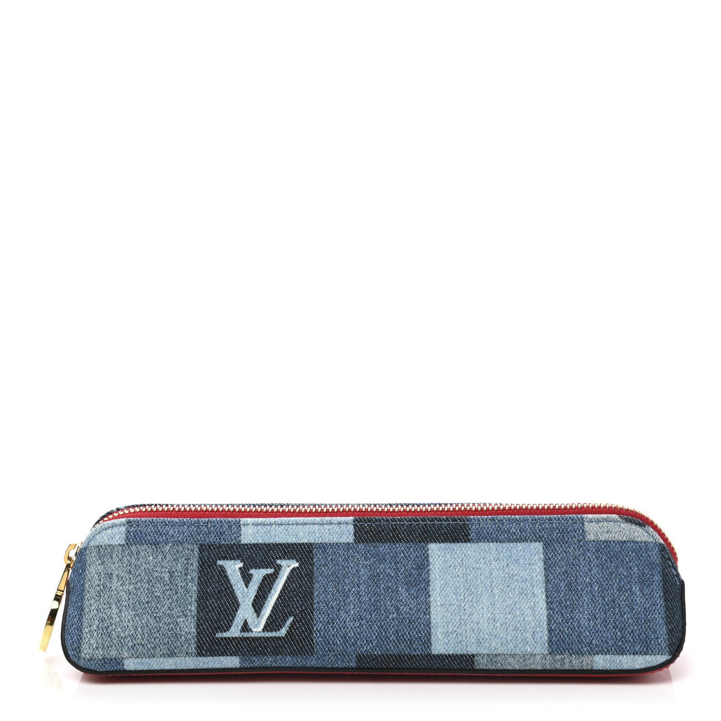 Denim Damier Monogram Patchwork Elizabeth Pencil Pouch Blue Rouge