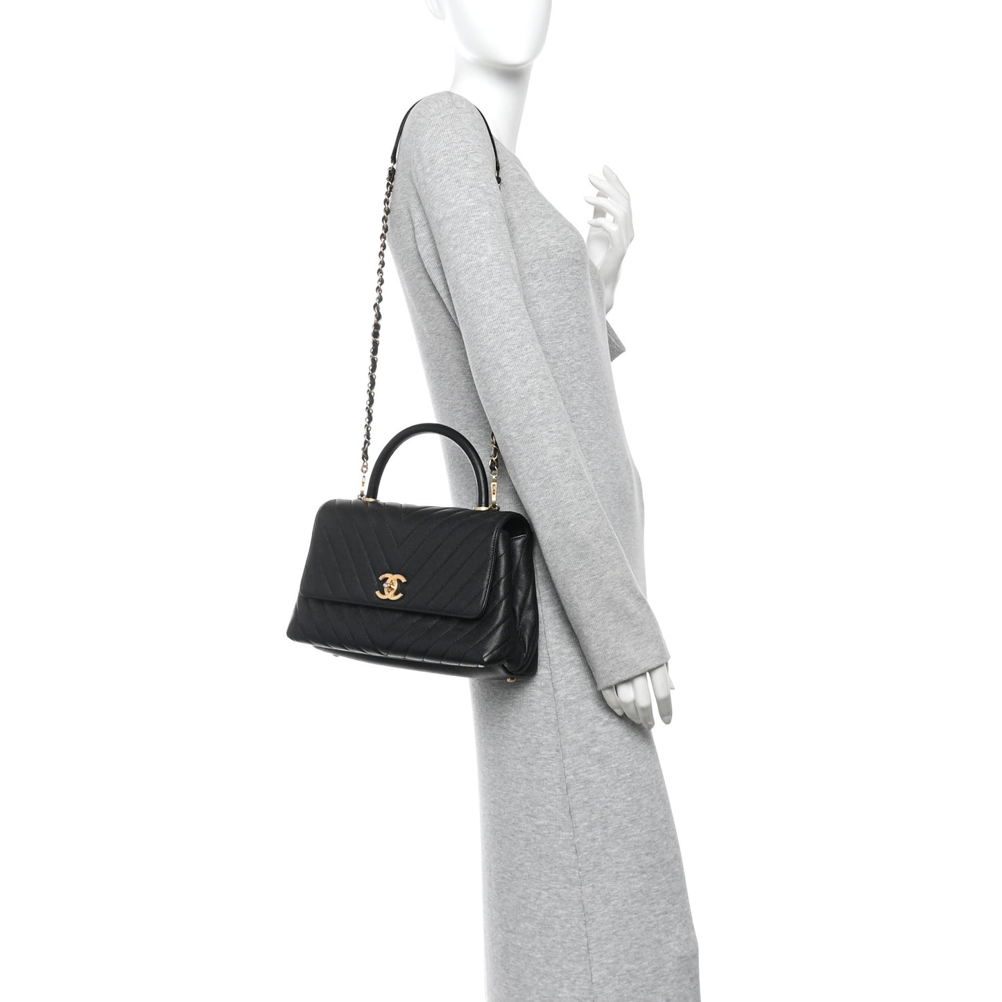 Caviar Chevron Quilted Small Coco Handle Flap Black